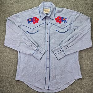 Rockmount Ranch Wear Shirt Mens Large Blue Chambray Bison Western Snap Embroider